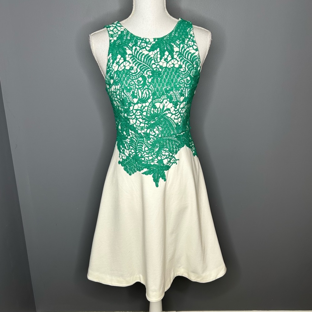Moulinette Souers cream fit and flare dress with green embroider top size 2